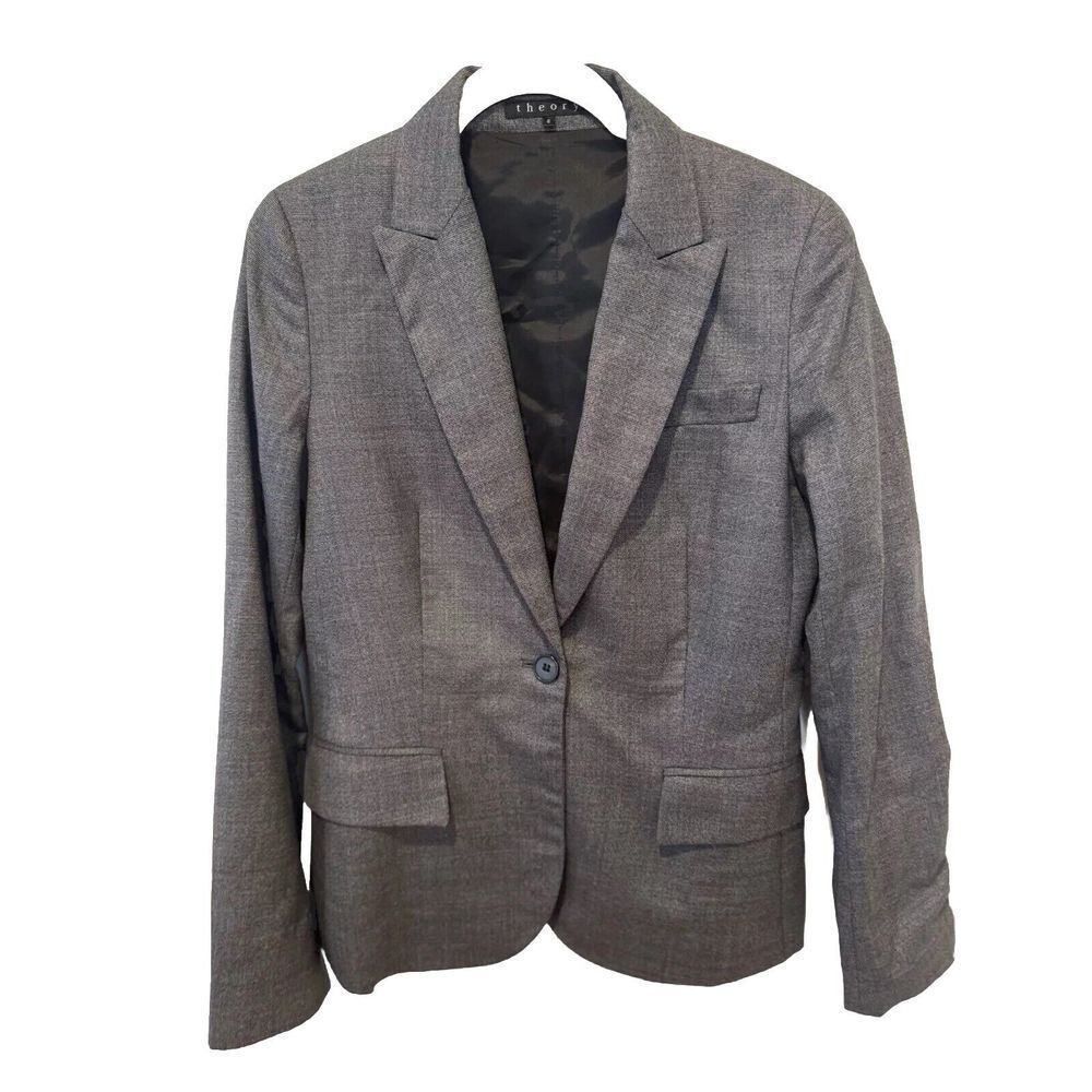 Women's Theory Gray Wool Casse Tailor Single Button Blazer Jacket Size 6